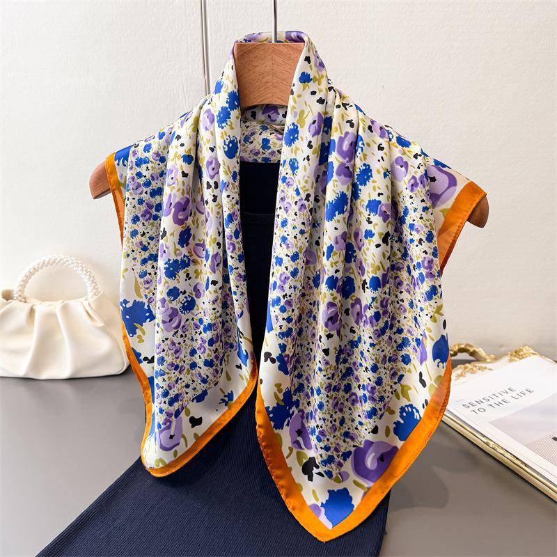 Ditsy Floral Print Square Silk Scarf Soft Satin Silk Shawl Vintage Bandana Neck Hair Headband Bag Wrist Wrap for Women Travel