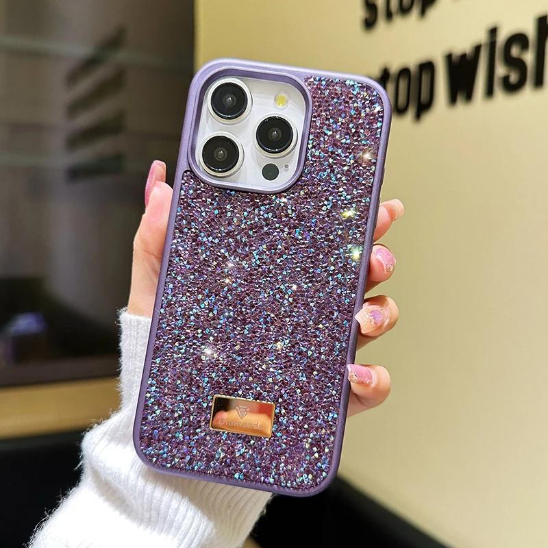 Stylish Shiny Imitation Diamond Phone Case for Iphone 16 15 14 13 12 11 Pro Max Plus INS Girl Back Shockproof Tpu + PC Hard Case