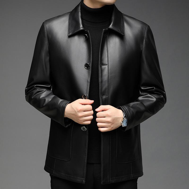 

Кожа Кожаная куртка Мужская с лацканами Для среднего и пожилого возраста Кожаная куртка Топ Овчина Мужская куртка 4XL чёрный