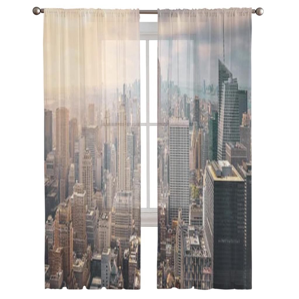 New York City Skyline Mit Blauem Bewölktem Himmel Und Sonnenstrahlen Transparente Vorhänge für Wohnzimmer Schlafzimmer Fenster Voiles Tüllvorhang
