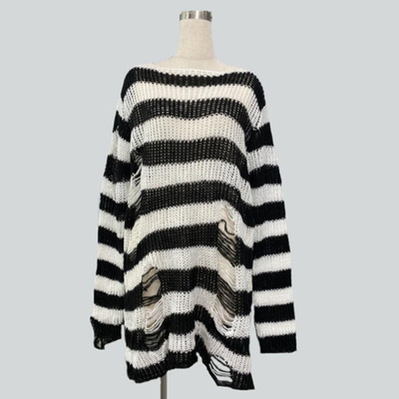 Unisex Women Cool Thin Loose Gothic Striped Long Jumper Dark Punk Streetwear Hollow Out Top Broken Hole
