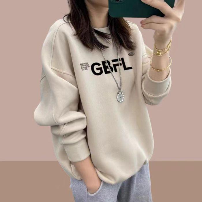 Women's 2024 Cotton Crew Neck Sweatshirt: Thin, Fleece-Lined Loose Pullover for Spring and Autumn.