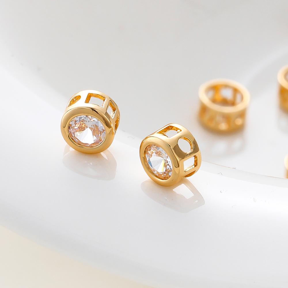 2/4/6Pcs 18K Gold Plated Rhinestone Round Beads Brass Metal Cubic Zirconia Spacer Beads DIY Jewelry Making Accessories