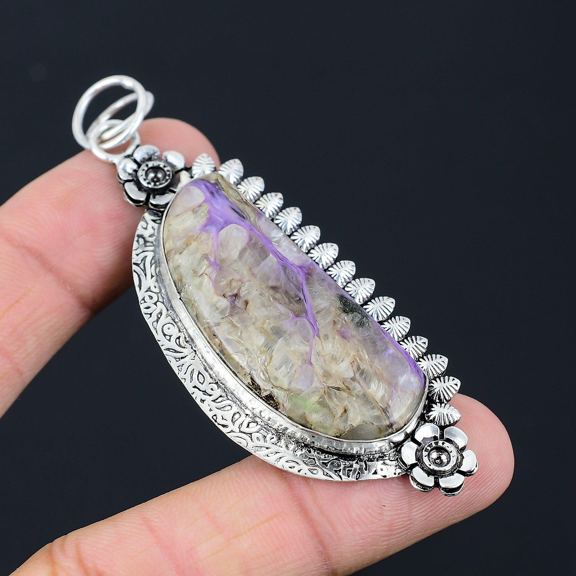 925 Sterling Silver Crescent Natural Charoite Anniversary Flower Pendant Jewelry
