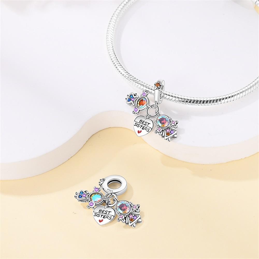 Charm Bead Charms Authentic copper Sister Pendant Set of Three Pieces Bead Charms Compatible With Bracelets Diy Fine Gift Women Delicate Jewellery A
