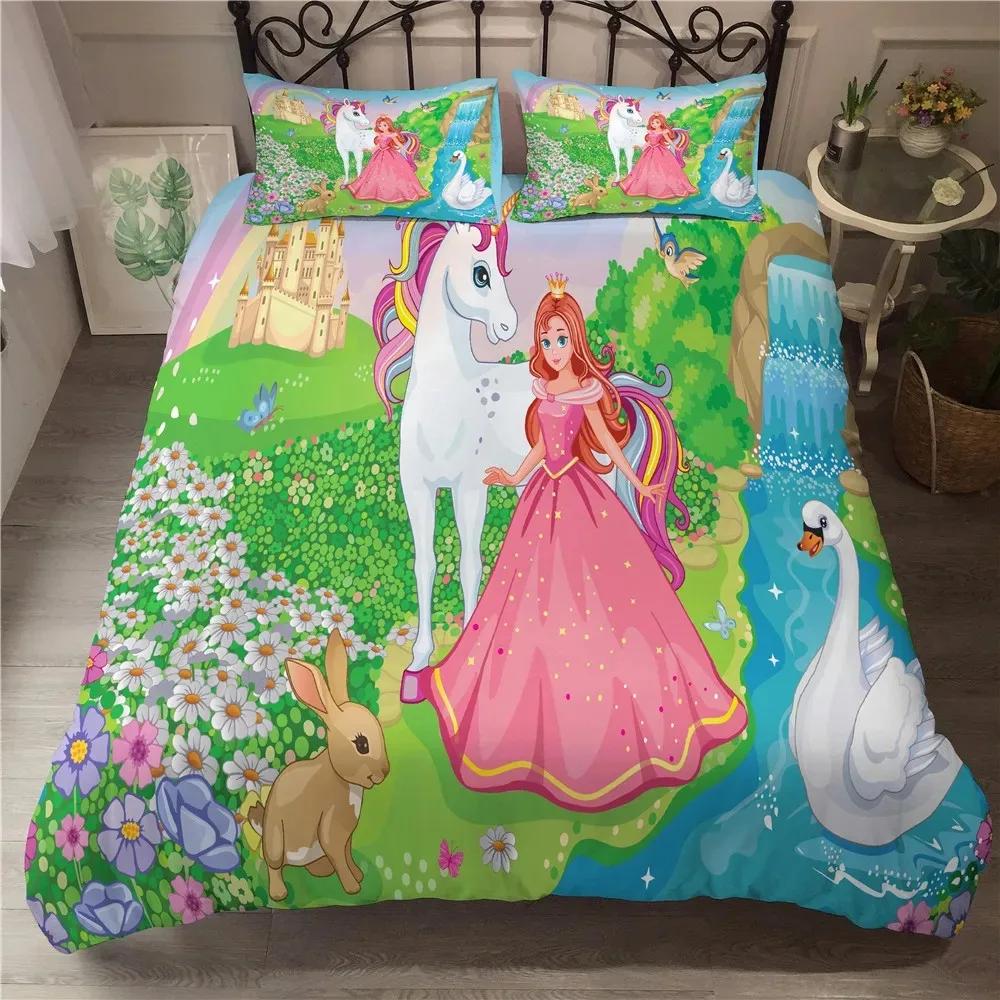 Cute Unicorn Duvet Cover Set Girly Pink Castle Bedding Set Single Twin Size For Princess Girl Dedicated Bedroom Decor Bedclothes