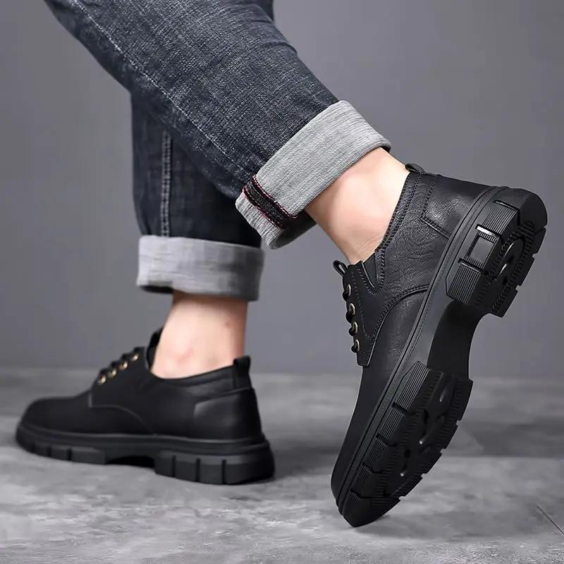 Fashion British Style Low Heel Soft Men's Leather Shoes Classic Original Retro Common Social Legitimate Cowhide New In Male Casual Shoe