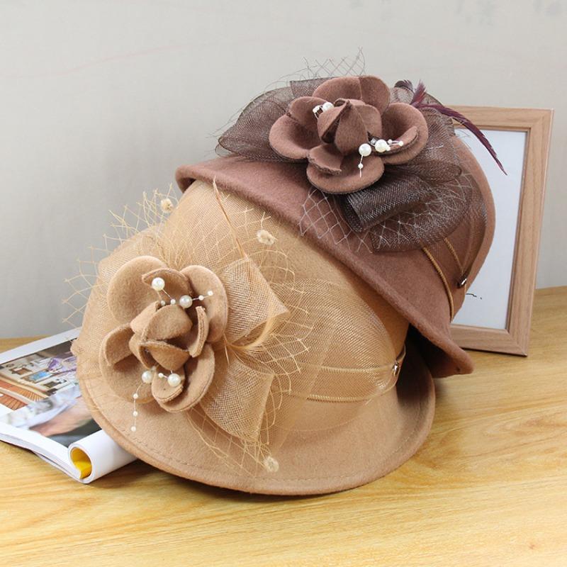 Women S Elegant Pearl Flower Half Roll Wool Bucket Hat Outdoor Fashion