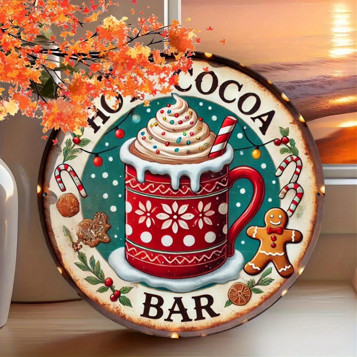 Retro Hot Cocoa Bar Christmas Round Metal Sign D Flat Printed Festive Mug Gingerbread Art Tin Plaque Vintage Winter Holid 20x20cm(8x8inch)