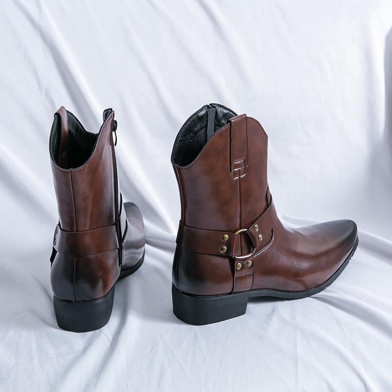 Men’s Western Boots Pointed Toe Casual Retro Dress Zipper Leather Boots Men’s Mid-calf Boots Plus Size