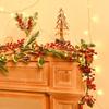 Artificial Green Plants Christmas Tree Garland Pine Cones Vine Wreath Red Berries Rattan Hanging Ornament Home Party Decoration