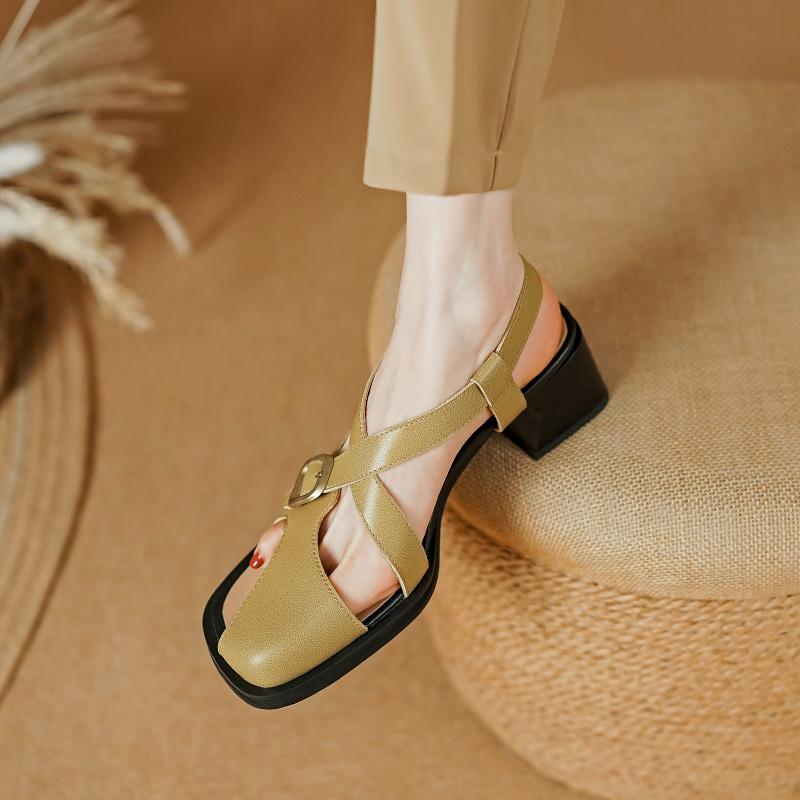 2024 Summer Retro Women Sandals Square Heels Genuine Leather Quality Pumps Leisure Style Party Office Lady Ladies Shoes Woman