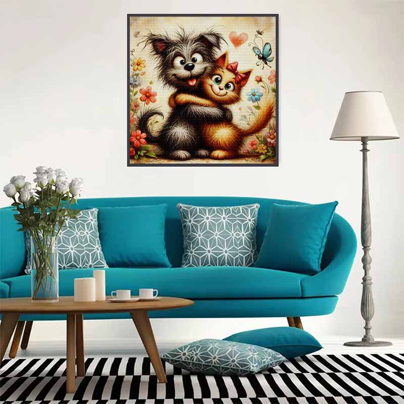 New Arrival 5D DIY Full Circle Diamond Painting "Cat and Dog Hug" Embroidery Cross Stitch Home Decor Gift