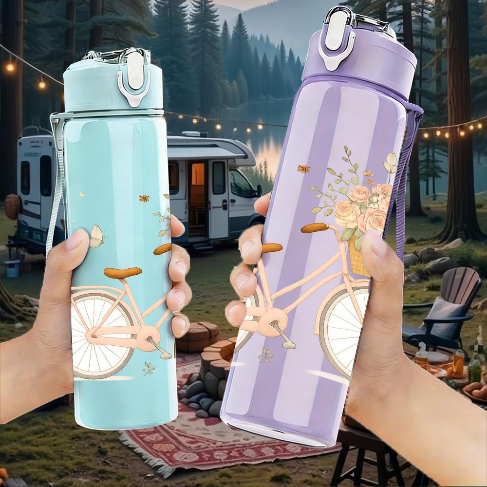 1PC Bicycle Wild Flower Art 750ml Color Plastic Sports Water Bottle Leakproof Flip Straw Lid Suitable for Sports Office Home Use