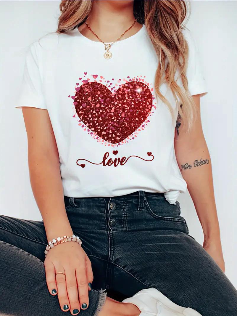 

Топ женский с коротким рукавом и круглым вырезом TEMU с сердечком ко Дню святого Валентина Small