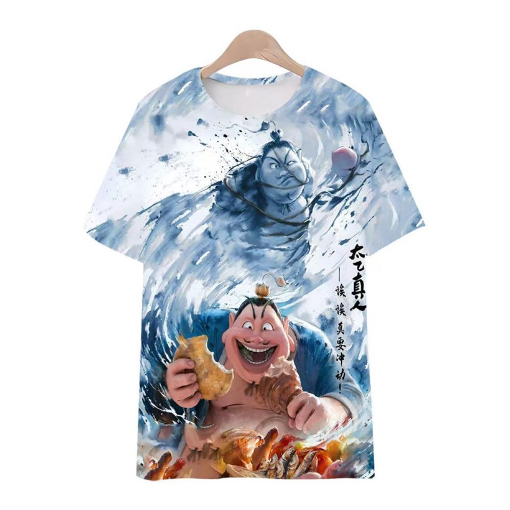 3D Printed Anime Nezha T-Shirt Boys' Summer Crew Neck Short Sleeve Comfortable Loose Top