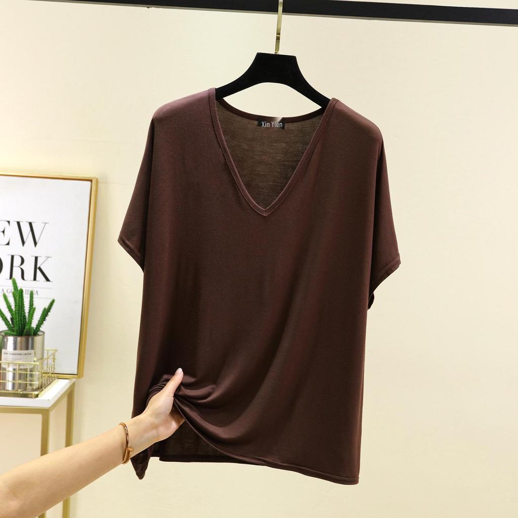 Women's Solid Color V-Neck Cotton Modal Short Sleeve Loose Top
