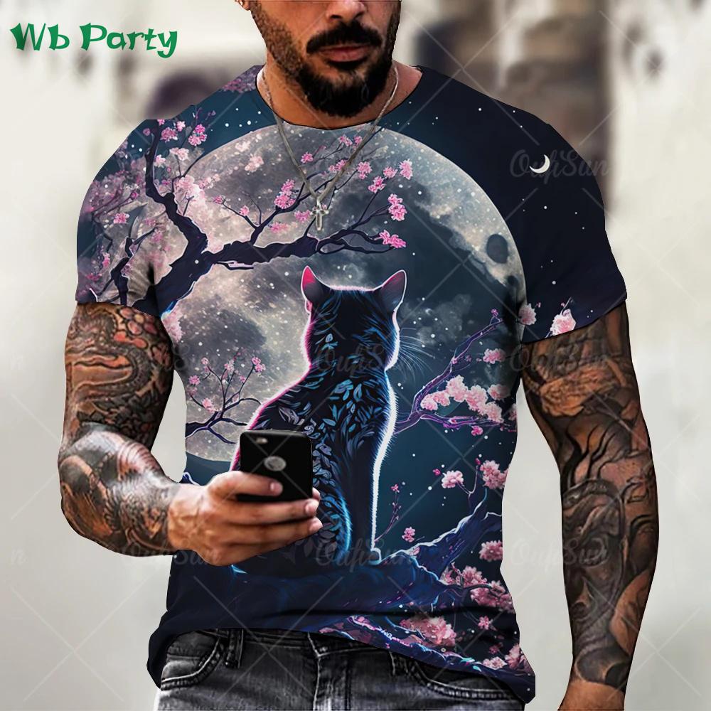 Summer Round Neck Funny Animal Samurai Cat Pattern 3D Print Top Fashionable Casual Short Sleeved Men's T-shirts