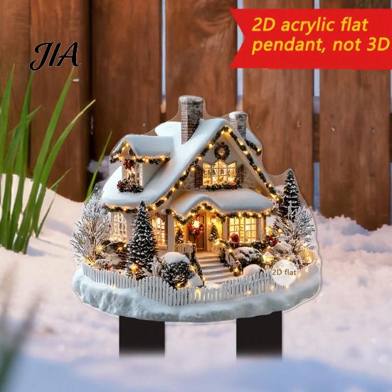 Durable Acrylic Yard Signs Santa Claus Garden Stake, Christmas Snowman Sign, 2D Decorations Flat Snowy Cottage Ornament for Lawn Pathway Holiday