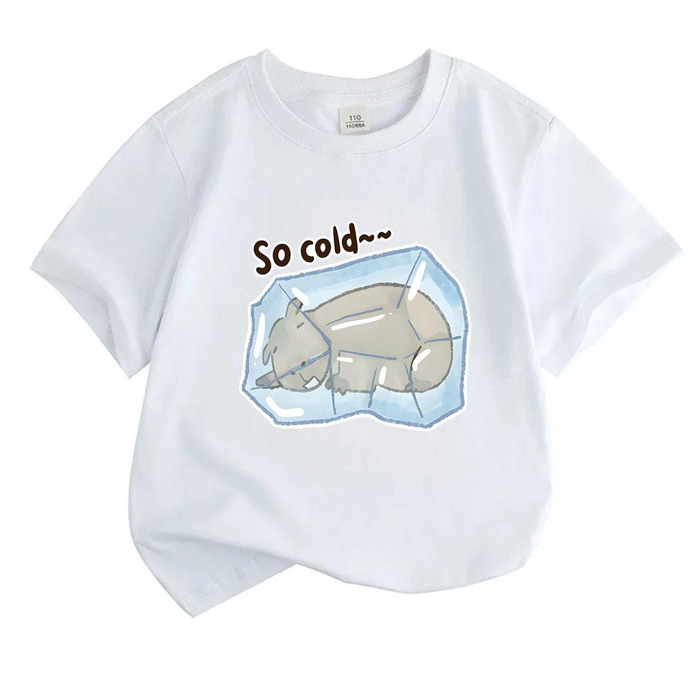 Kids Boys Girls 100% Cotton Crew Neck Short Sleeve T-Shirt, Cute Frozen Capybara Print Casual So Cold Pattern Soft Breathable Summer Tee for Daily Wea