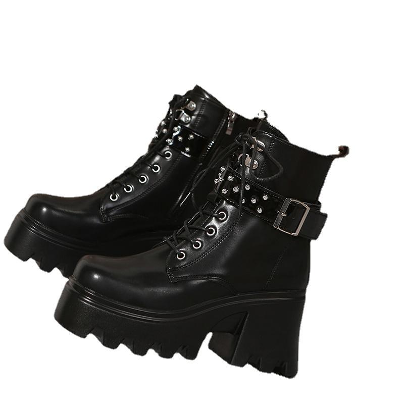 Punk Platform Boots Women 2025 New Motorcycle Boots Women Buckle Straps Women Ankle Boots Chunky Heel Lace Up Shoes
