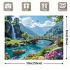 2D Bergsee-Wandteppich, 2D-Flachdruck Wasserfall und Brücke mit lebendigem Blumenhintergrundstoff