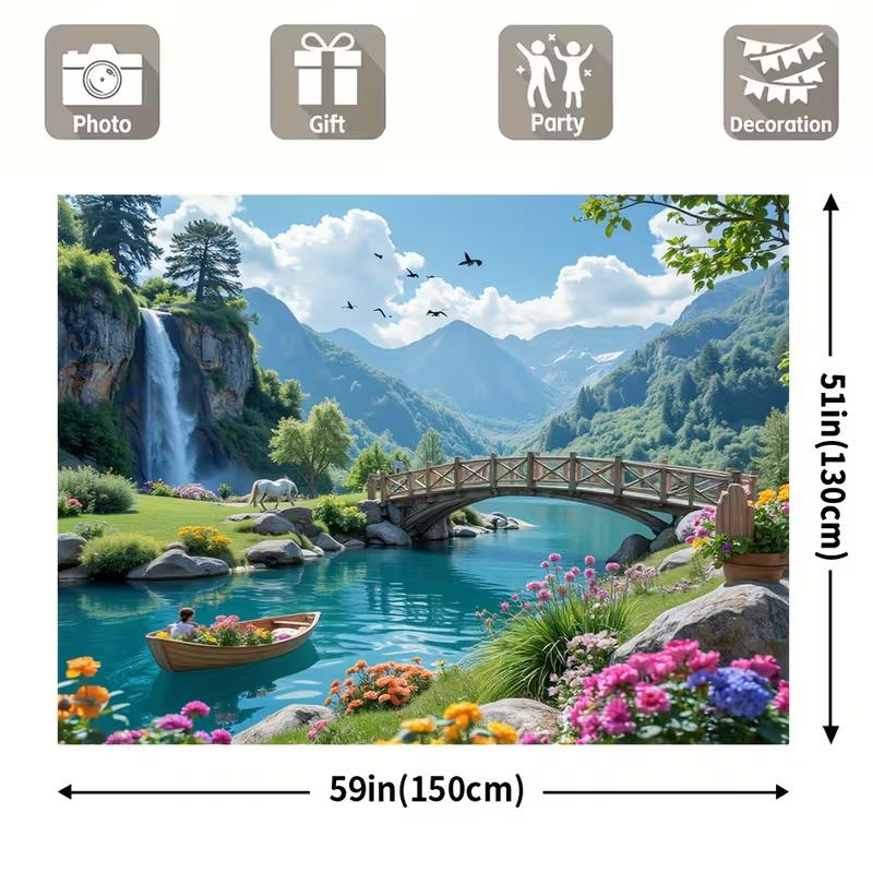 2D Bergsee-Wandteppich, 2D-Flachdruck Wasserfall und Brücke mit lebendigem Blumenhintergrundstoff