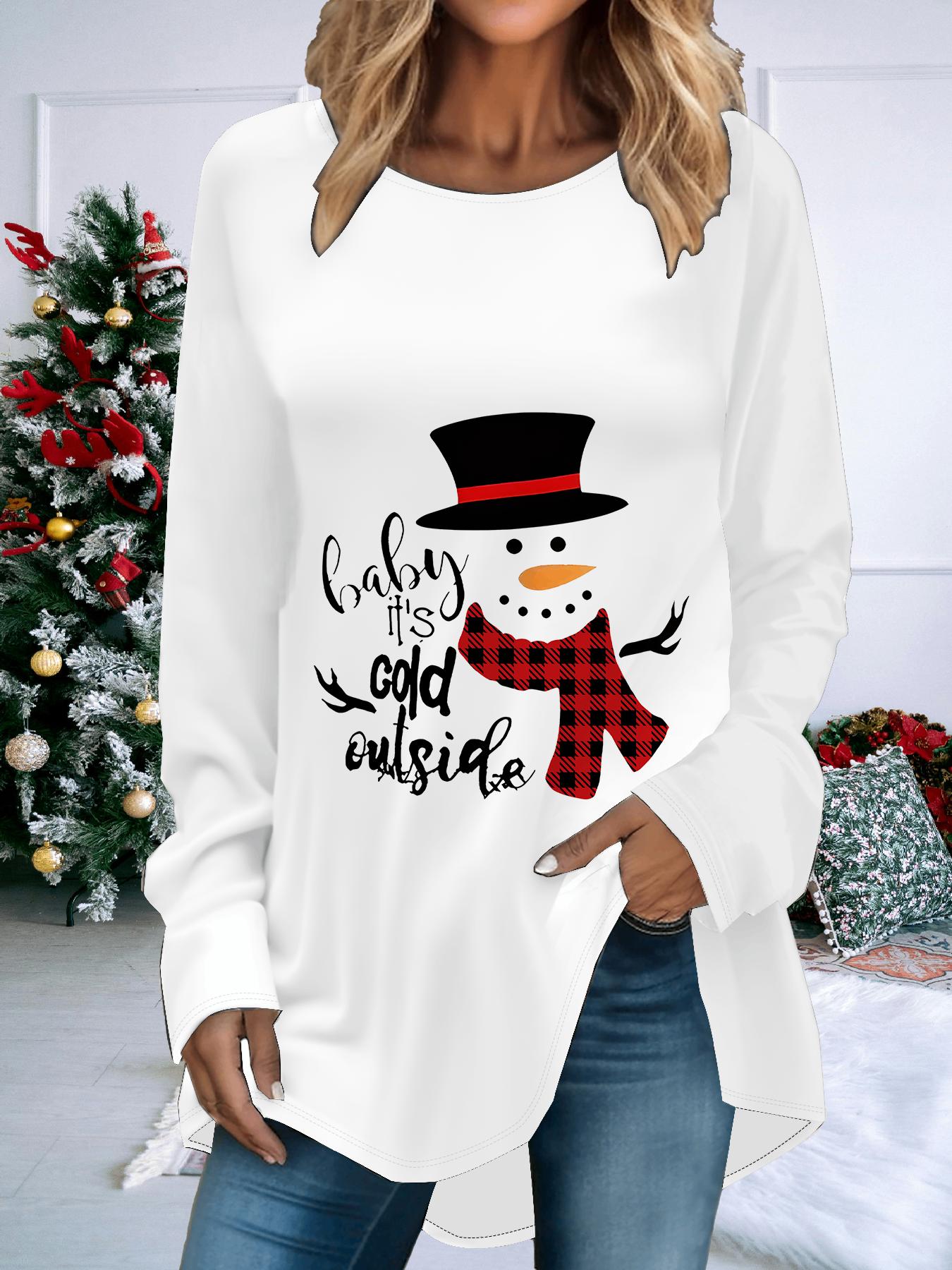 

Женская футболка больших размеров с принтом на весну и Рождество, удобная, с длинным рукавом и круглым вырезом, повседневная, свободного кроя, средней длины, топы 8XL белый