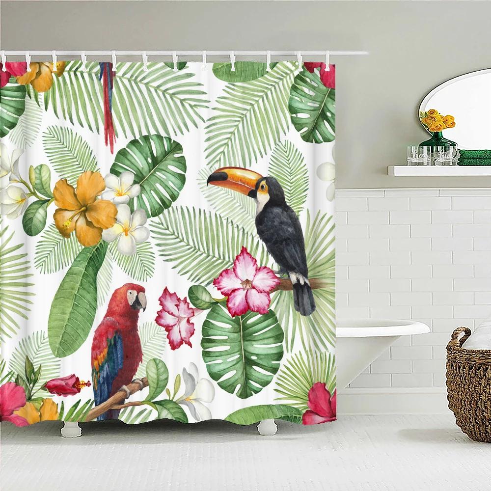 Tropical Plant Leaves Bath Curtain Waterproof Fabric Shower Curtains Colorful Palm Leaf Print Bathtub Screen for Bathroom Decor