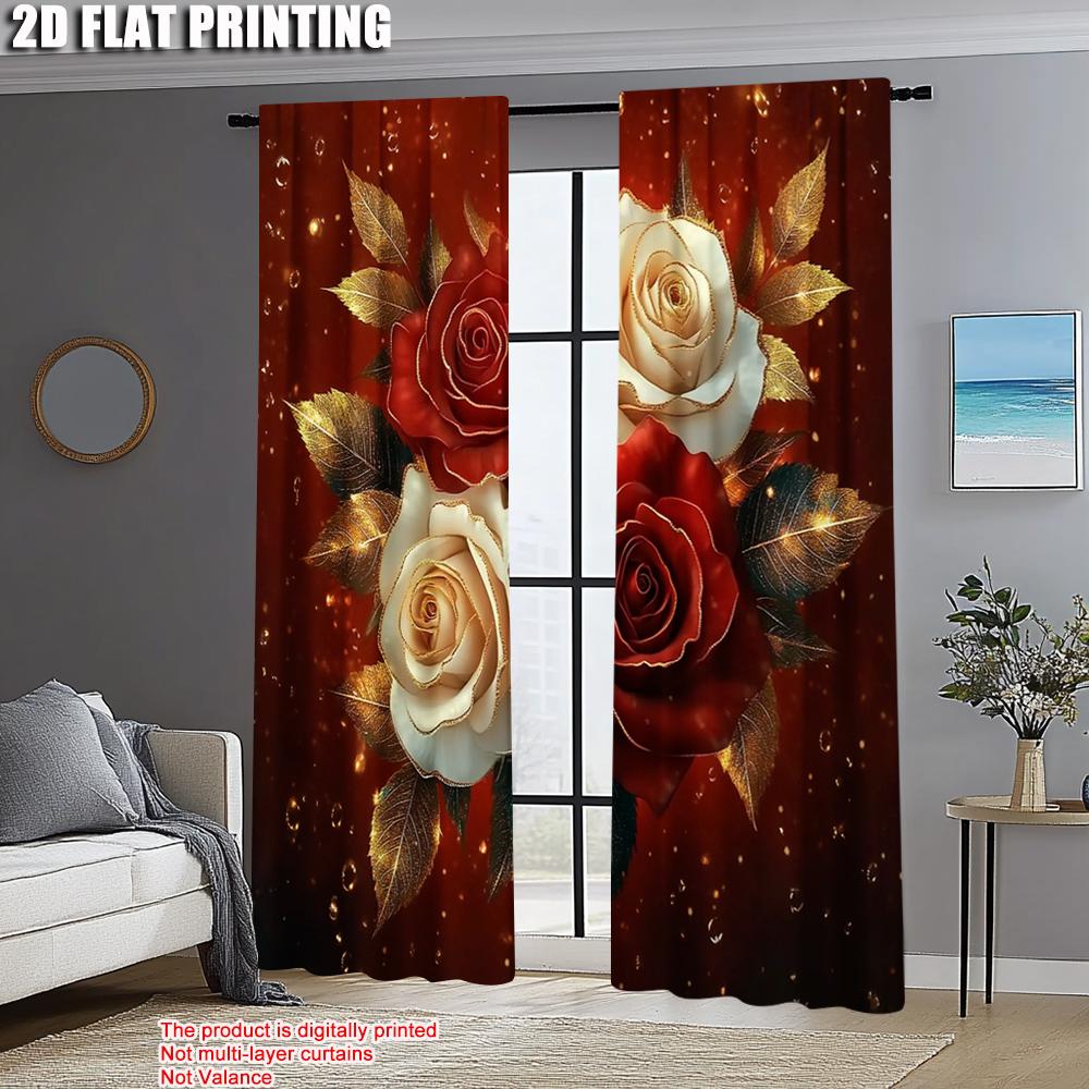 2pcs, Popular Curtains 2D print Red Roses Machine Washable Fabric (without rod) Room Decor for Living Room, Home Decoration,