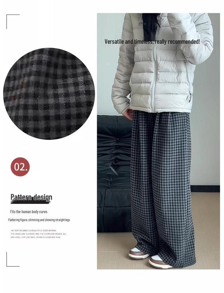 Women's Retro Plaid Wool Fleece-Lined Wide-Leg Pants - Casual Loose Fit for Autumn and Winter