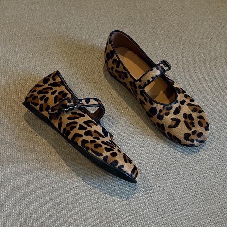 Sheepskin Version~ Niche Retro Round Head One-word Buckle Light Mouth Suede Leopard Print Mary Jane Women's Shoes Versatile Single Shoes Women's Tide