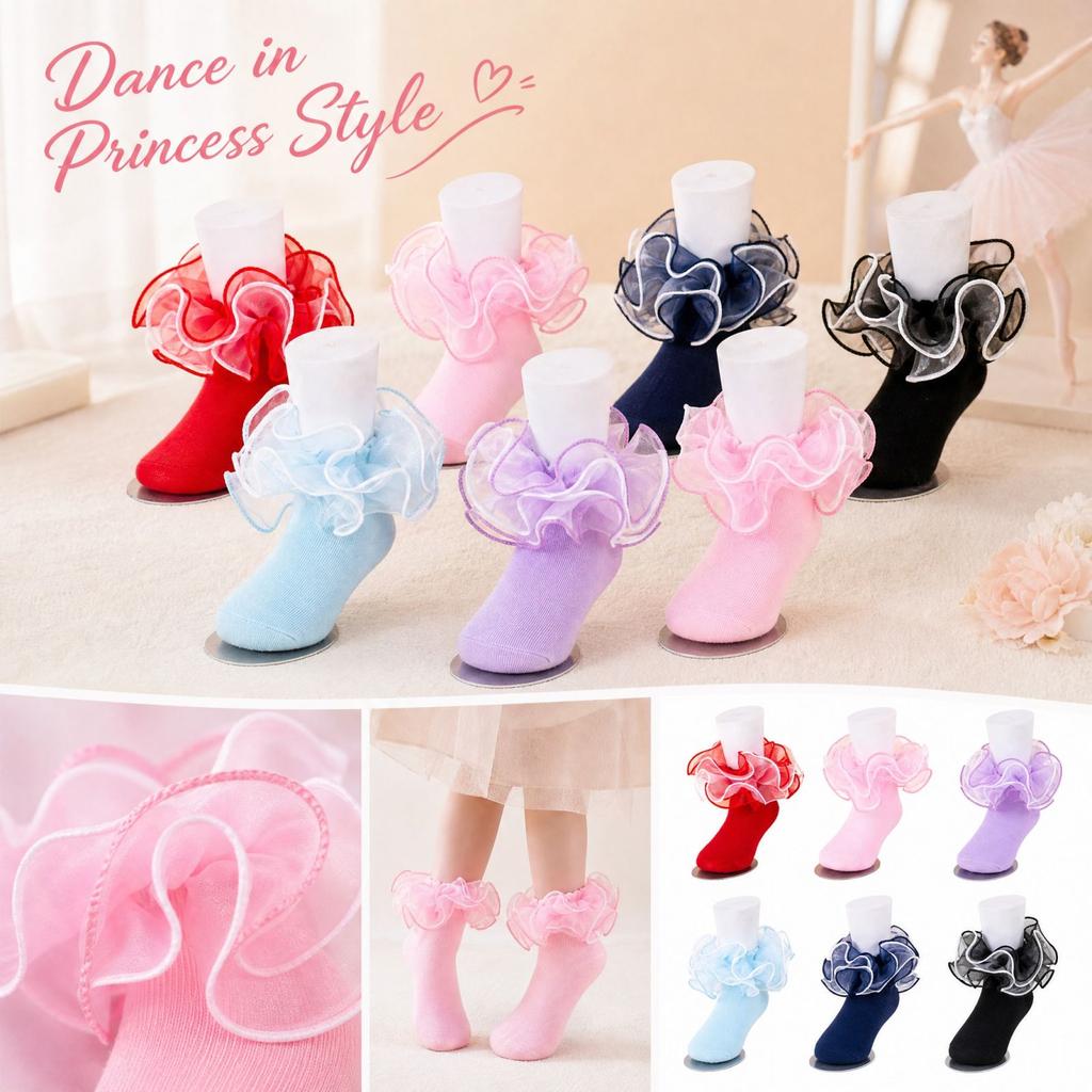 Girls' Dance Socks with Lace Trim - Breathable Combed Cotton Princess for Dance, Performance and Daily Wear