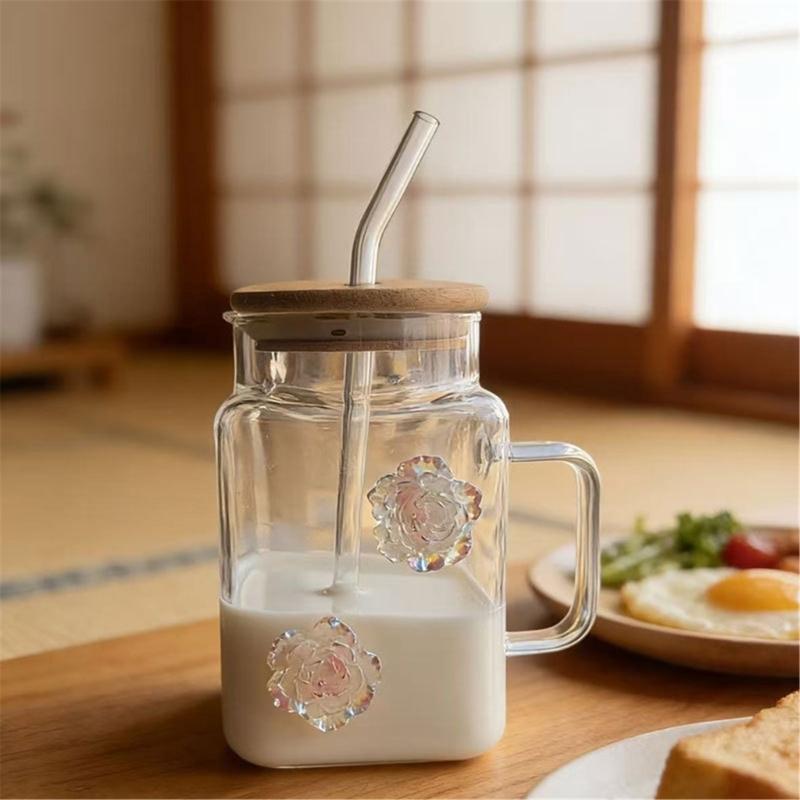 Premium Glass Tumblers With Ergonomic Handle And Straw Wooden Lid For Hot and Cold Drink Juice Coffee Tea Drinking Mug