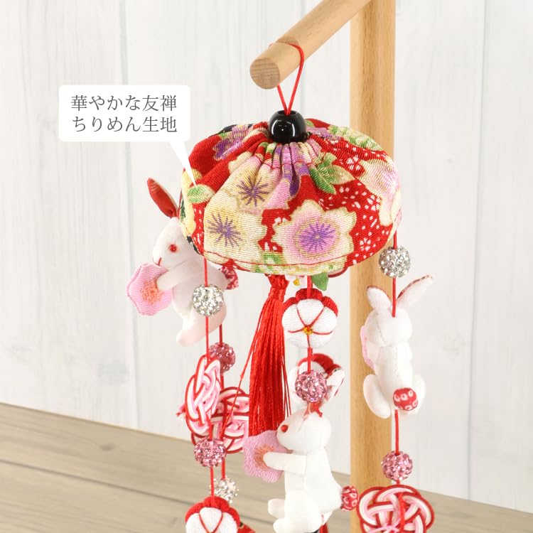 [Fuwahuwa] Hanging Doll Decoration for Hinamatsuri (Girls' Festival) - Cute Hanging Decoration with Rabbit and Mizuhiki Plum Blossom - Classic Red - C