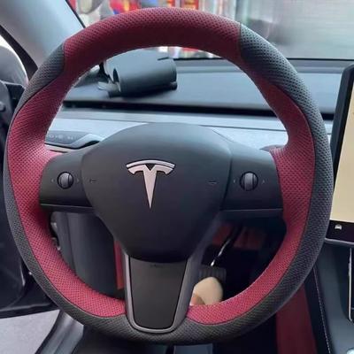 Pro Tesla Model 3 Model Y 2018- Ručně šitý protiskluzový Černý červený Kožený potah na volant auta