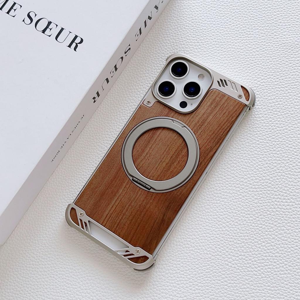 Solid Wood Metal Aromatherapy Walnut Phone Case for Apple 17promax Rotating Bracket Magnetic Including Phone Grip