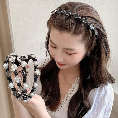 2021 neue Frauen Vintage Perlen Strass Blume Geflochtenes Haarband Doppel Pony Frisur Haar Clips Mode Haar Zubehör