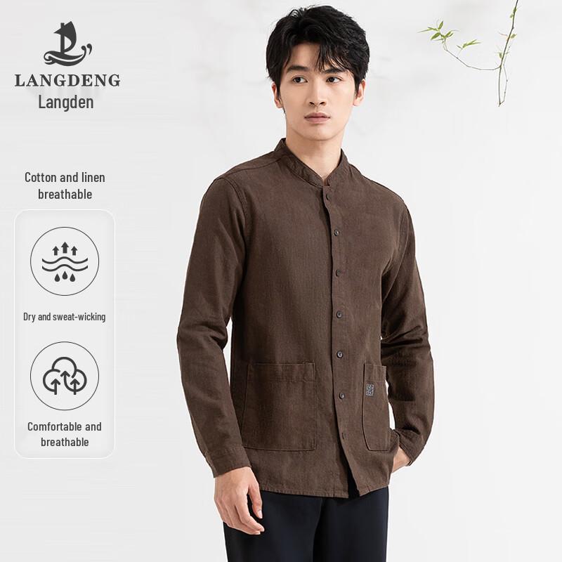 Langdeng Men s Cotton Linen Stand Collar Long Sleeve Shirt XL