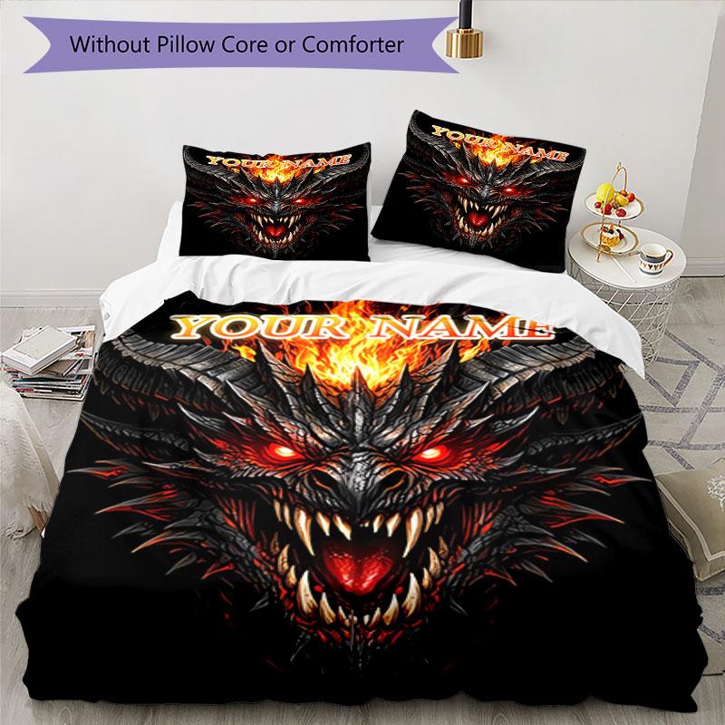 3PC Custom Name Fiery Demon Artwork Bedding Set Duvet Cover Closure Includes 1 Duvet Cover & 2 Pillowcases for Bedroom
