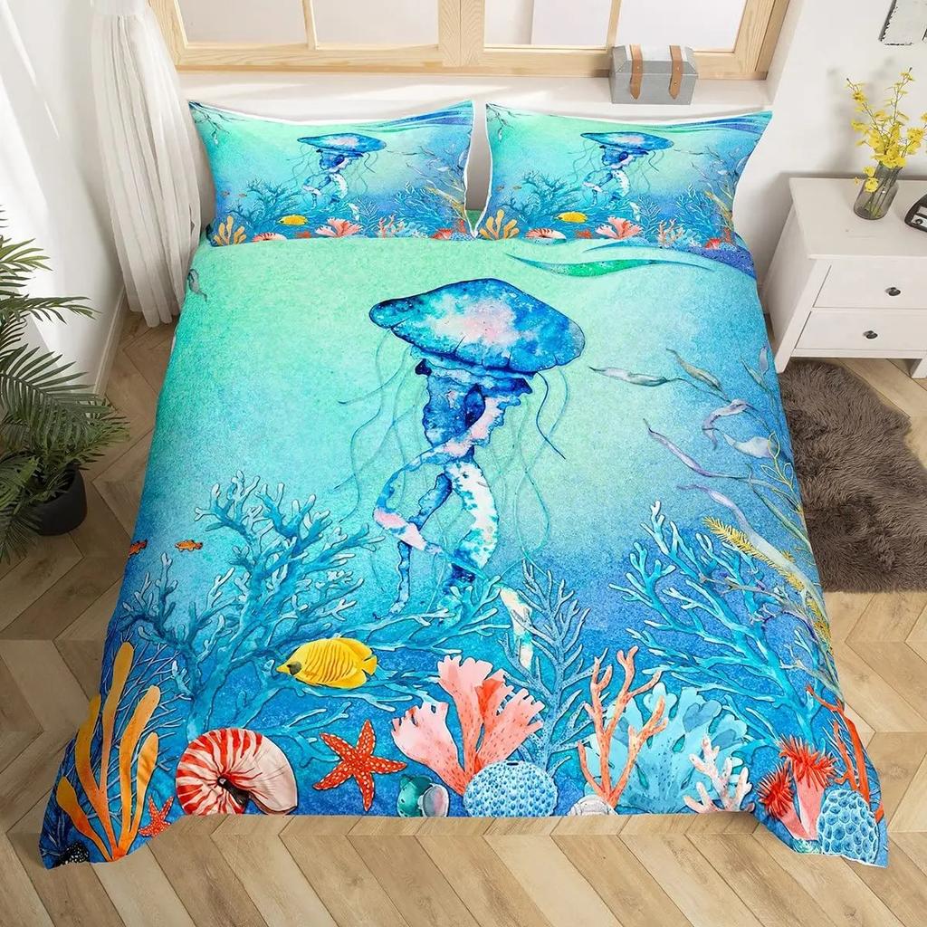 3D Octopus Sea Turtle Duvet Cover Retro Sailboat Crab Reptile Bedding Set Marine Mediterranean Style Jellyfish Comforter Cover