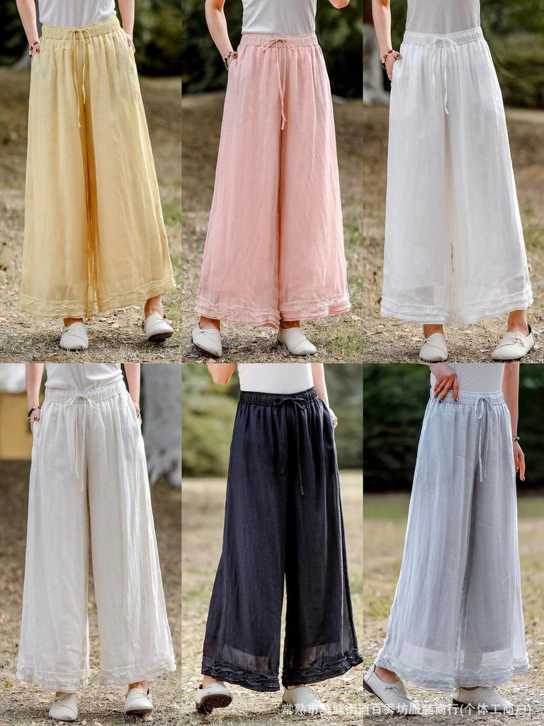 2026 Artistic Solid Color Ramie Wide-Leg Ruffle Pants - Elastic Waist, Double-Layer, Women’s Summer Casual Long Pants