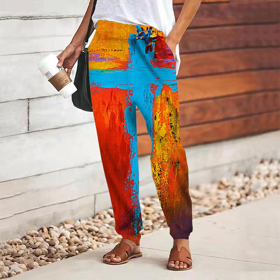 Women Abstract Printing Pants Lace Up Elastic Waist Loose  Trousers Casual Long Pants Trousers with Pockets