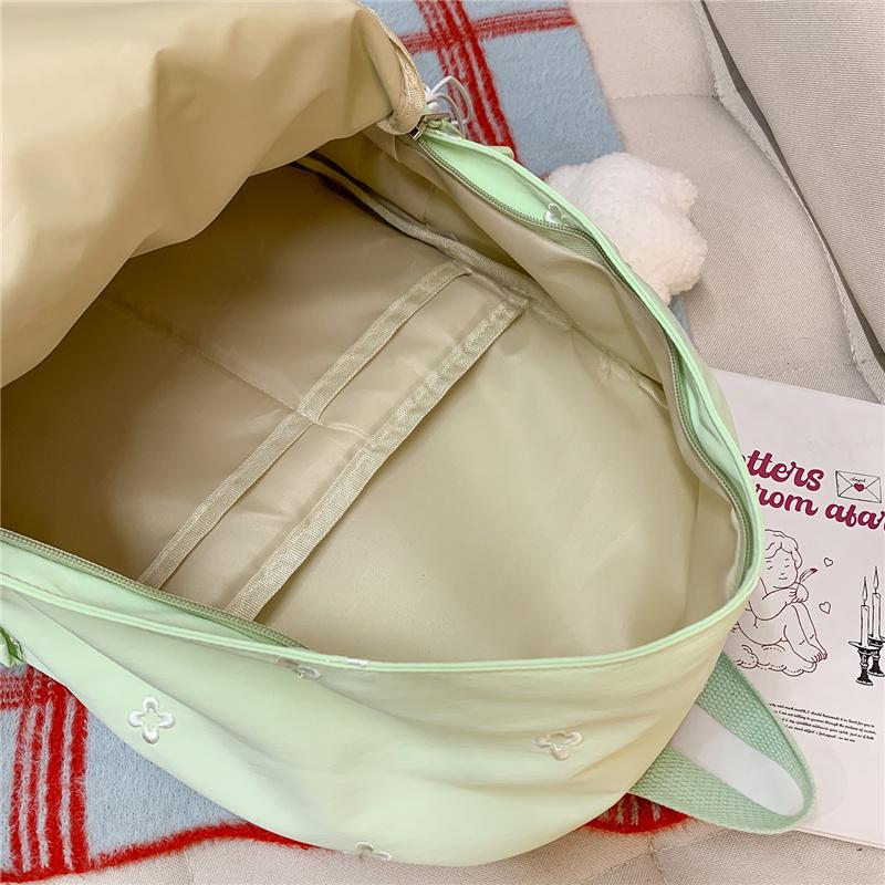 Cute Floral Embroidered Nylon Backpack for Women & Teens – Pastel Green Design with Multiple Pockets, Perfect for School and Daily Use