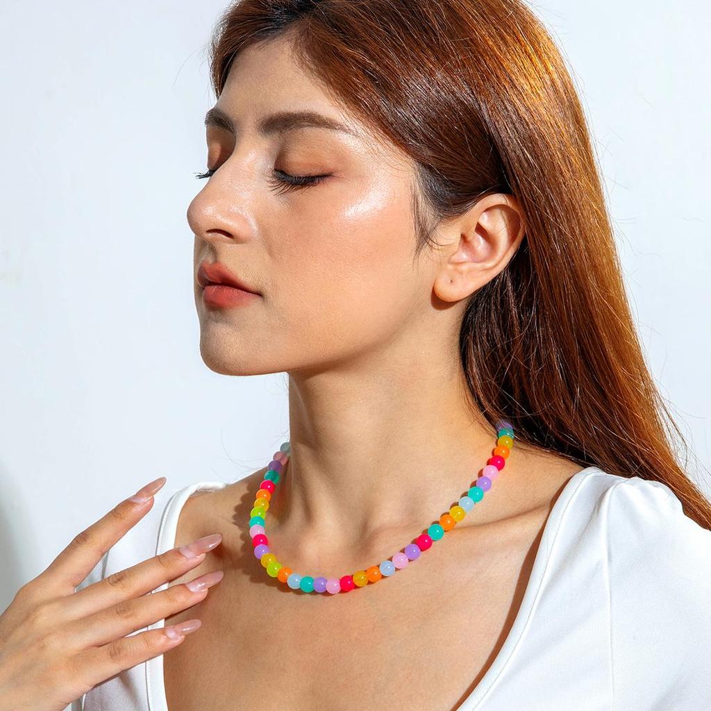 Cross Border Summer Fresh Colorful Bead Necklace for Women's Seaside Vacation Fashion Dopamine Transparent Bead Matching Necklace