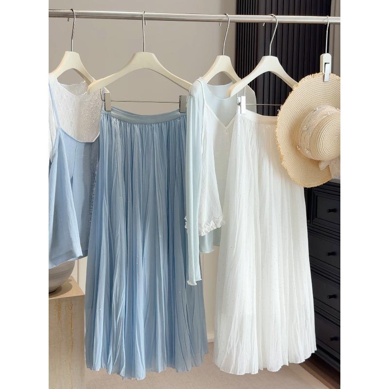 

Fairy fluttering hot diamond pleated chiffon skirt female spring meat and thin A word fairy big swing skirt tide one size