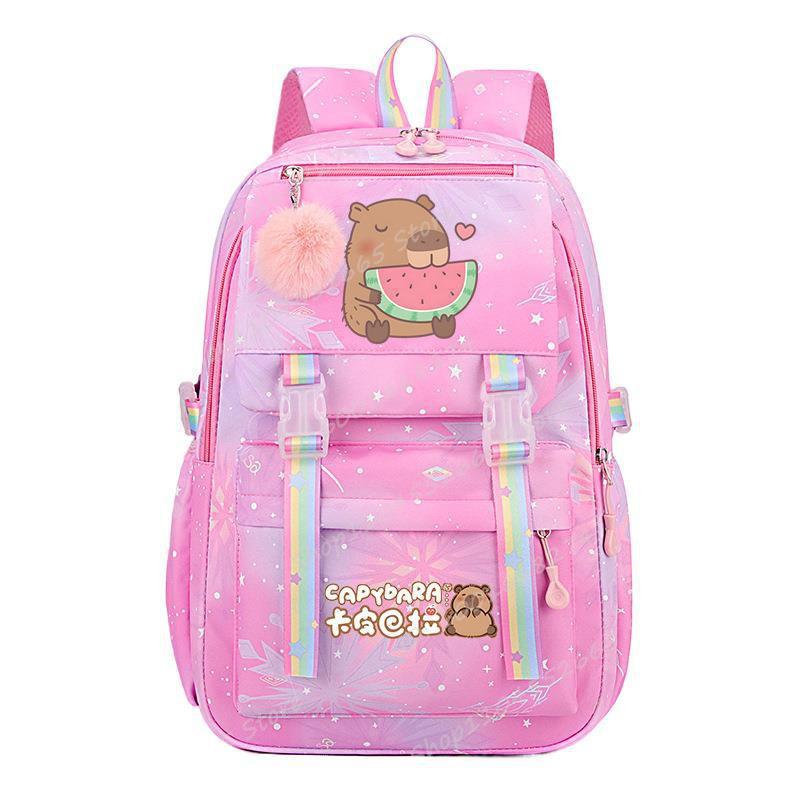 Capybara Cartoon-Druck Schulrucksack Mädchen Nylon Leichtgewicht Studenten Tasche Mit Gepolsterten Gebogenen Trägern Frischer Süßer Stil