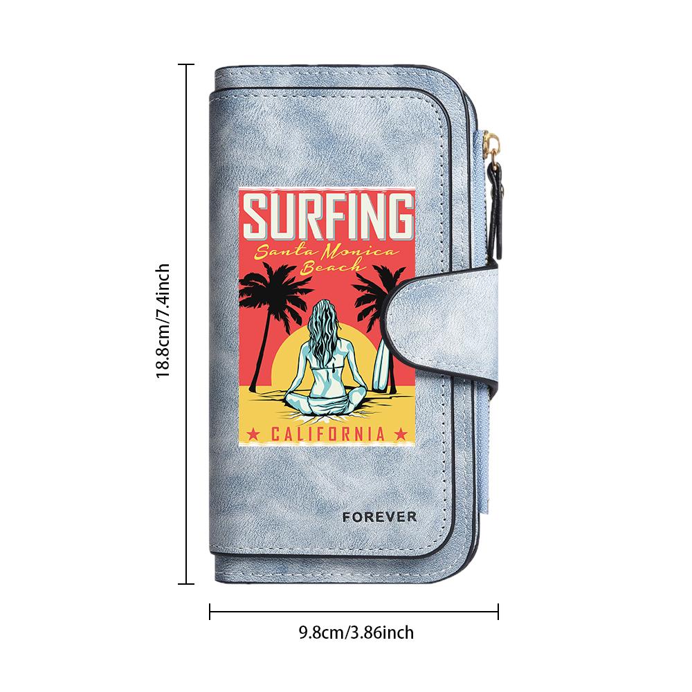 Surfing Pattern Multi Card Long Wallet Fashion Casual Portable Zipper Purse for Daily Use