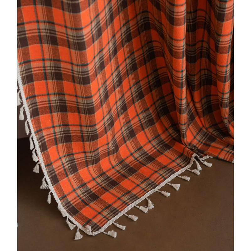 French Style Orange Checkered Cotton Linen Curtain Semi-Sheer Kitchen Dining Bay Window