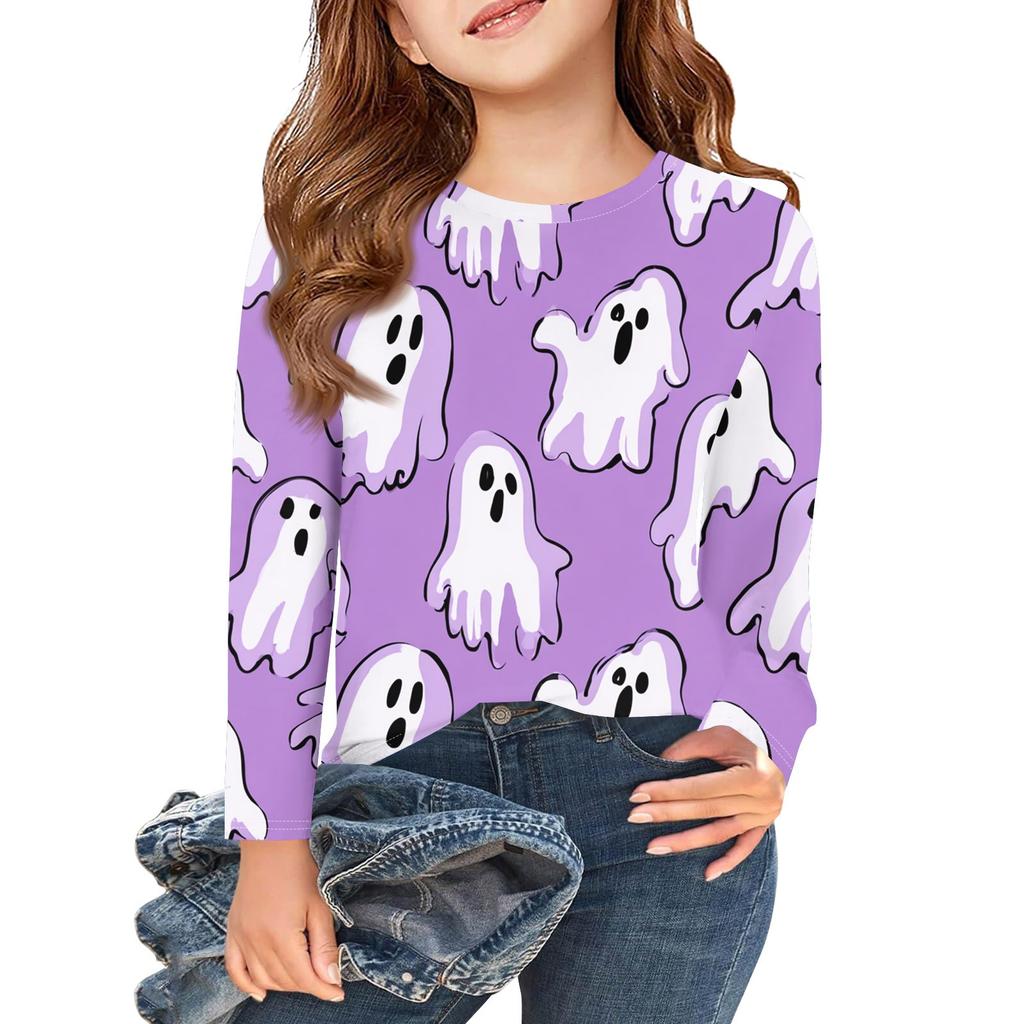 Girls Long Sleeve T Shirts Kids Fall Tops Crewneck Halloween Printed Basic Tees 3-9Y